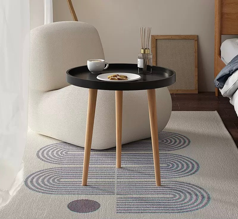 Round Side Table, Tray Nightstand with PP top & Beech Wood Legs, Coffee End Table for Bedroom Living Room Balcony, Easy Assembly