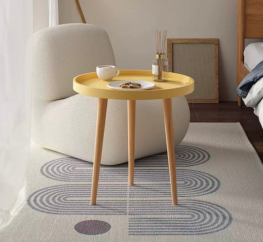 Round Side Table, Tray Nightstand with PP top & Beech Wood Legs, Coffee End Table for Bedroom Living Room Balcony, Easy Assembly