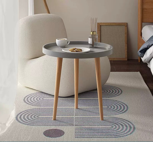 Round Side Table, Tray Nightstand with PP top & Beech Wood Legs, Coffee End Table for Bedroom Living Room Balcony, Easy Assembly