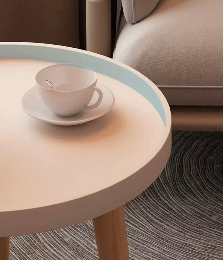 Round Side Table, Tray Nightstand with PP top & Beech Wood Legs, Coffee End Table for Bedroom Living Room Balcony, Easy Assembly