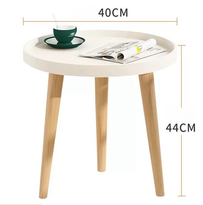 Round Side Table, Tray Nightstand with PP top & Beech Wood Legs, Coffee End Table for Bedroom Living Room Balcony, Easy Assembly